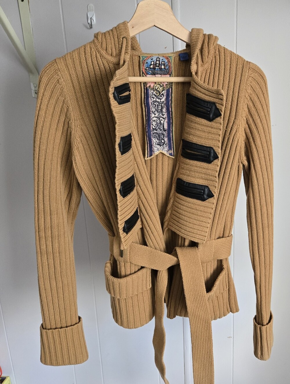 L.A.M.B. Womens S Camel Ribbed Knit Belted Hooded Jacket
